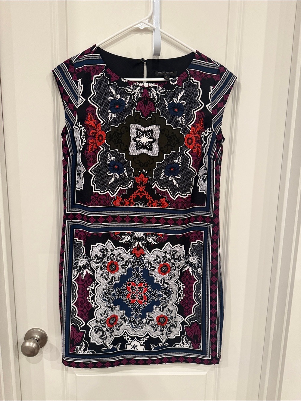 Banana Republic Navy Printed Cap-Sleeve Shift Dress with Red and Purple Accents